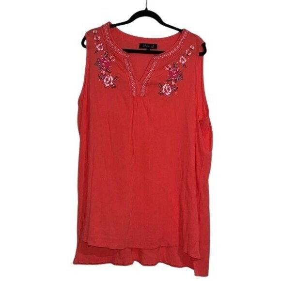 Whispers New York Coral Sleeveless Top With Floral Embroidery & Keyhole Neckline - Picture 1 of 7